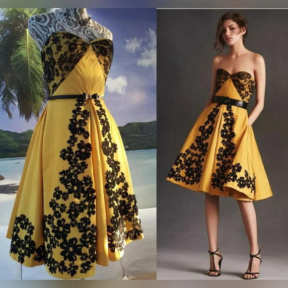 °$7000 NEW OSCAR DE LA RENTA BEAUTIFUL RUNWAY BLK YELLOW SILK BEAD DRESS US 10